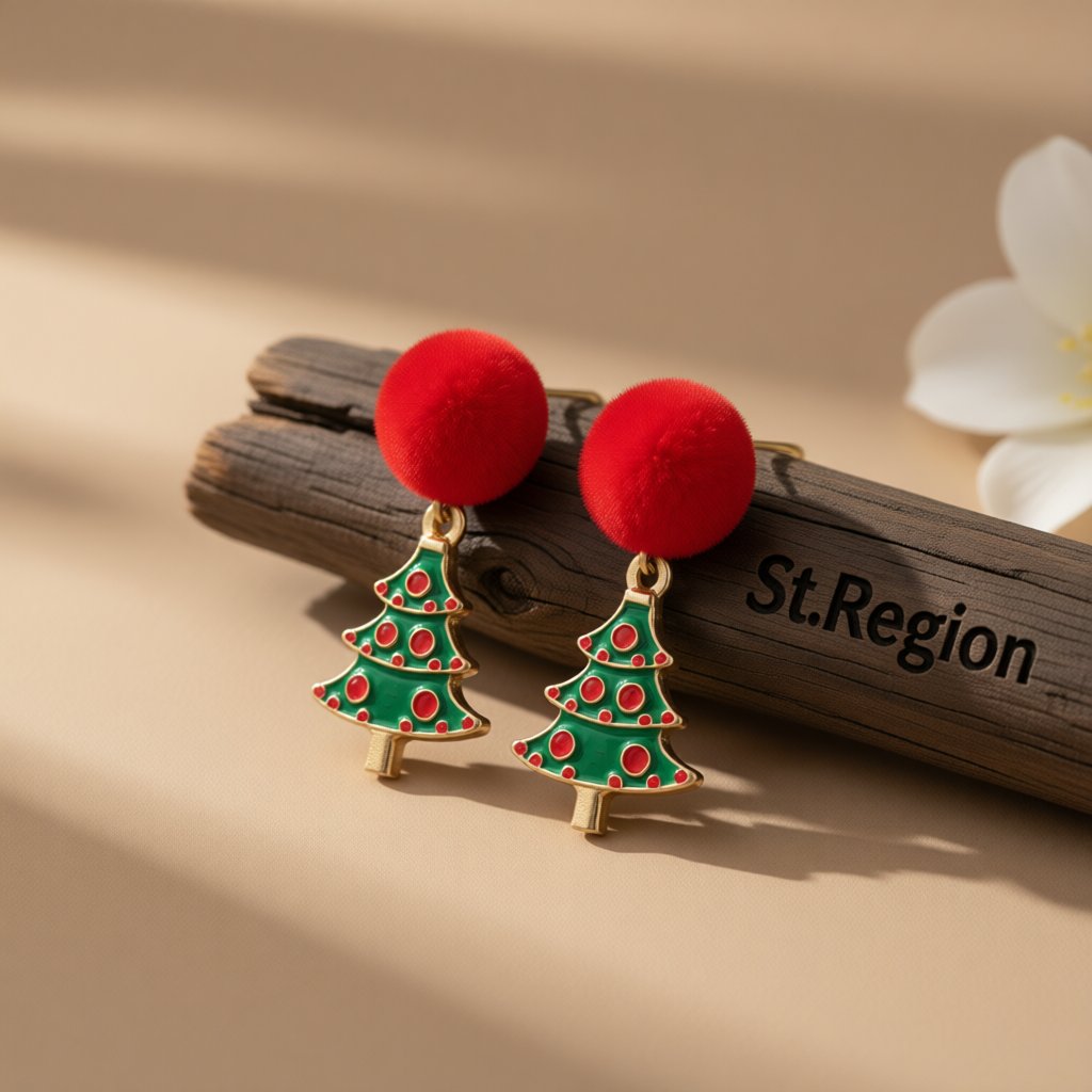 Red Pom-Pom and 18K Gold-Plated Christmas Tree Drop Earrings, gold drop earrings for women, botanical inspired, front view