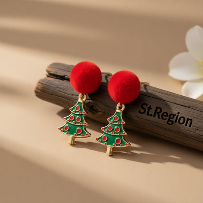 Red Pom-Pom and 18K Gold-Plated Christmas Tree Drop Earrings, gold drop earrings for women, botanical inspired, front view