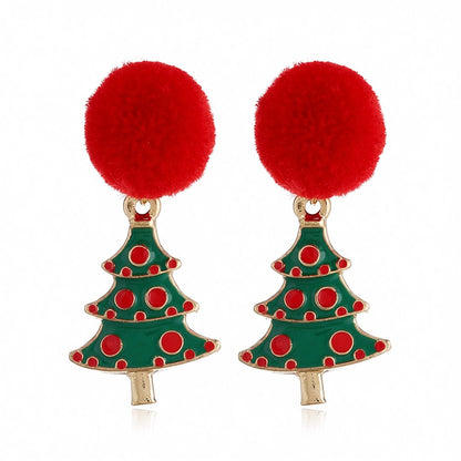 Red Pom-Pom and 18K Gold-Plated Christmas Tree Drop Earrings, gold drop earrings for women, botanical inspired, side view
