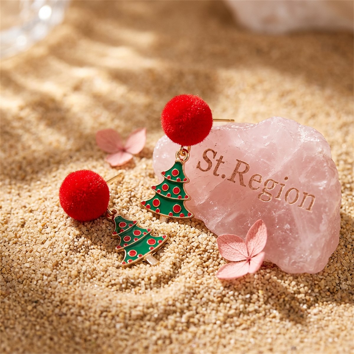 Red Pom-Pom and 18K Gold-Plated Christmas Tree Drop Earrings, gold drop earrings for women, detail close-up