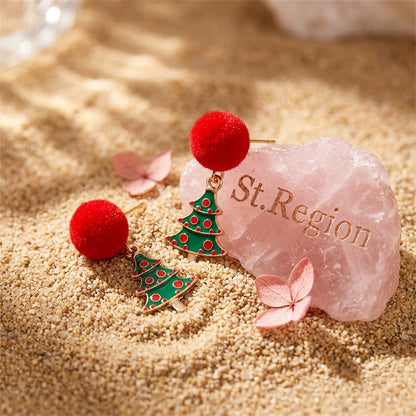 Red Pom-Pom and 18K Gold-Plated Christmas Tree Drop Earrings, gold drop earrings for women, detail close-up