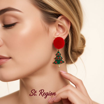 Red Pom-Pom and 18K Gold-Plated Christmas Tree Drop Earrings, gold drop earrings for women, botanical inspired, styled look