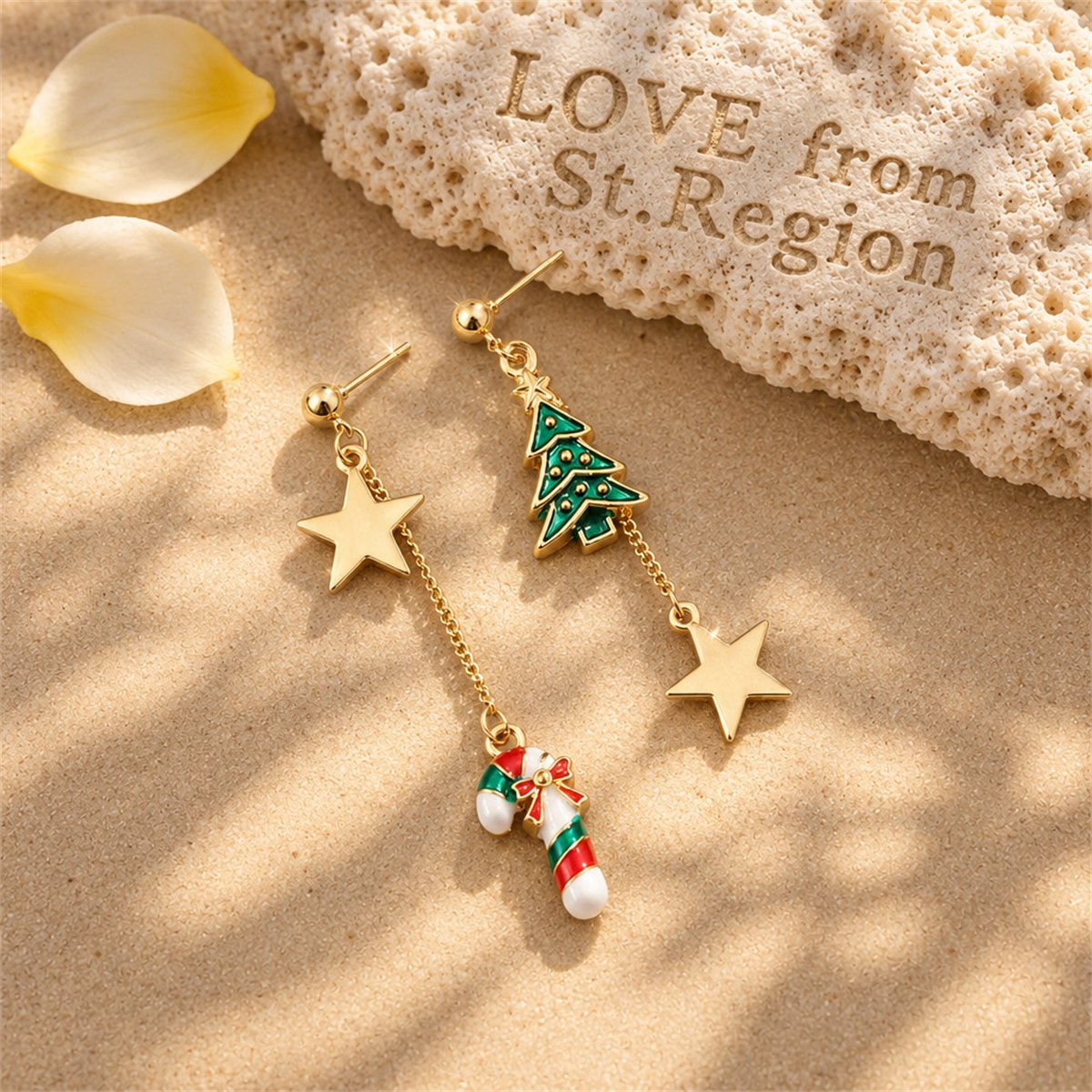 Green and 18K Gold-Plated Christmas Tree and Candy Cane Drop Earrings, gold drop earrings for women, lifestyle look