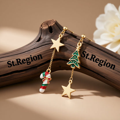 Green and 18K Gold-Plated Christmas Tree and Candy Cane Drop Earrings, gold drop earrings for women, front view