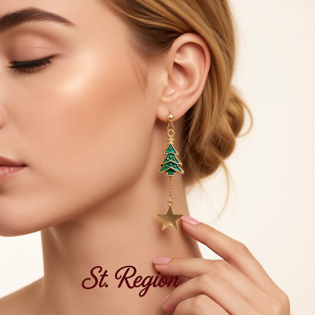 Green and 18K Gold-Plated Christmas Tree and Candy Cane Drop Earrings, gold drop earrings for women, styled look