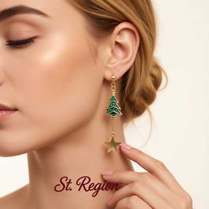 Green and 18K Gold-Plated Christmas Tree and Candy Cane Drop Earrings, gold drop earrings for women, styled look
