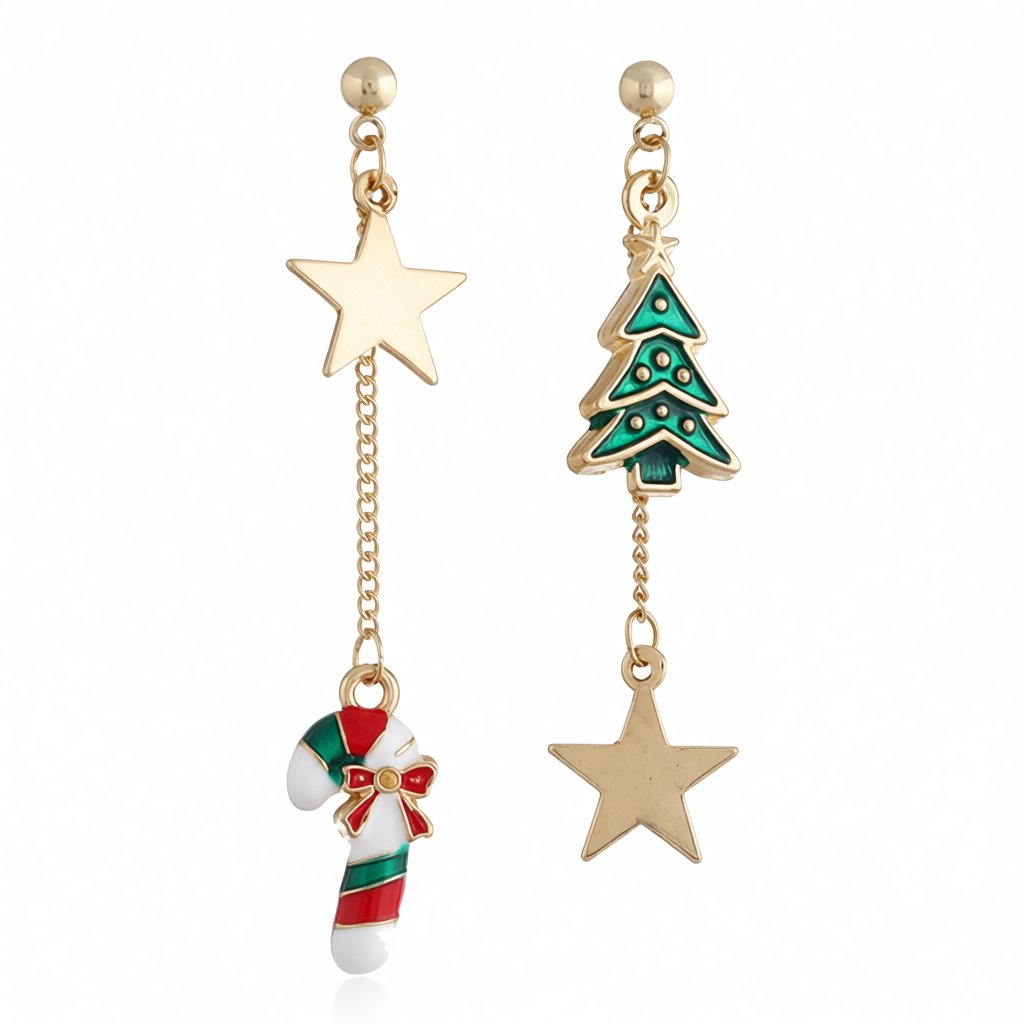 Green and 18K Gold-Plated Christmas Tree and Candy Cane Drop Earrings, gold drop earrings for women, side view