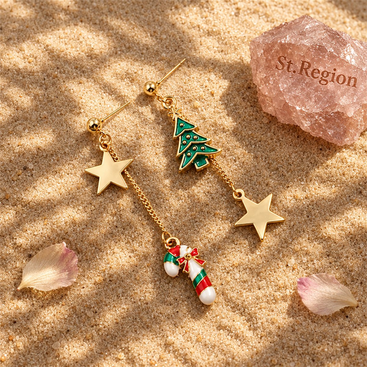Green and 18K Gold-Plated Christmas Tree and Candy Cane Drop Earrings, gold drop earrings for women, detail close-up