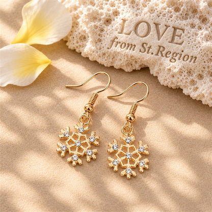 Cubic Zirconia and 18K Gold-Plated Snowflake Drop Earrings, gold drop earrings for women, botanical inspired, lifestyle look
