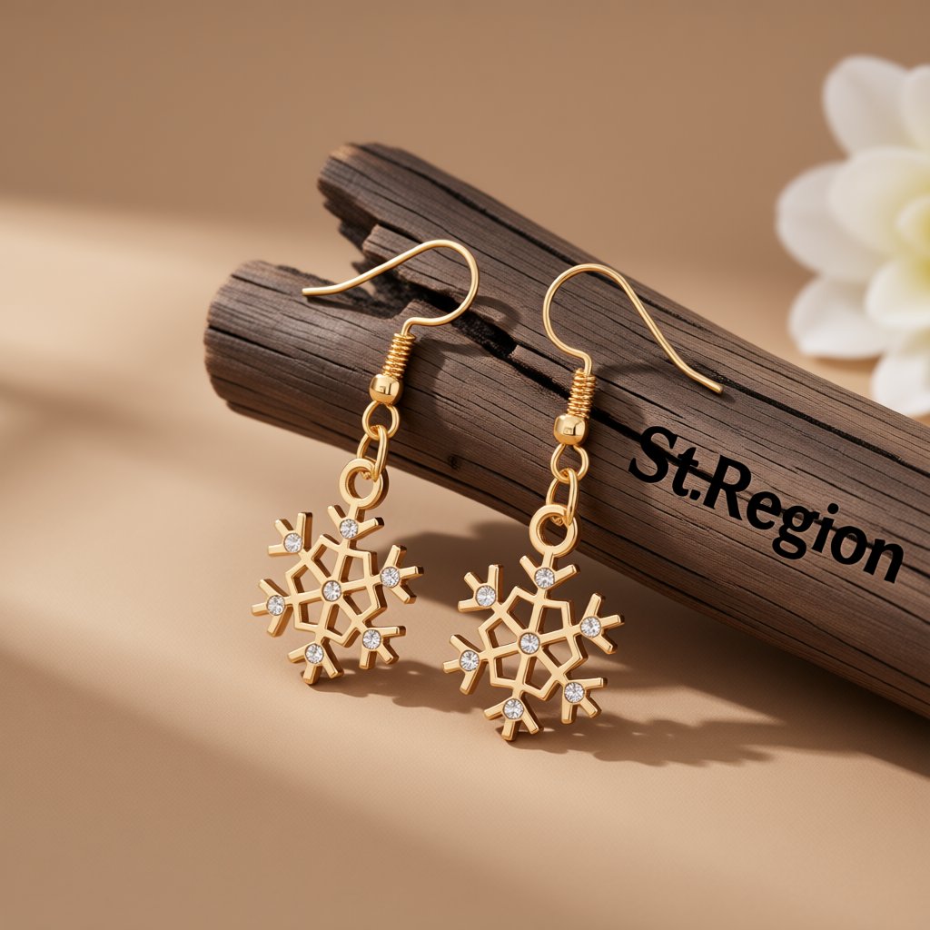Cubic Zirconia and 18K Gold-Plated Snowflake Drop Earrings, gold drop earrings for women, botanical inspired, front view