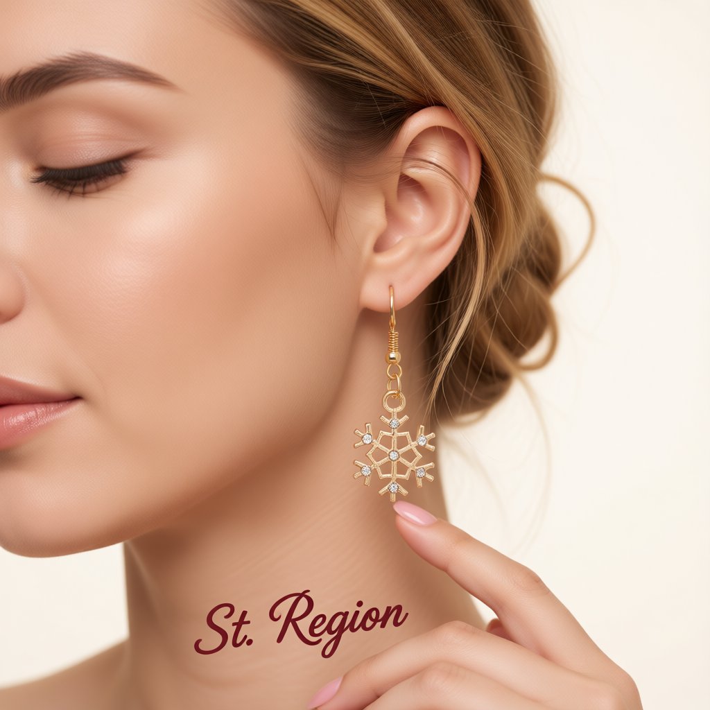 Cubic Zirconia and 18K Gold-Plated Snowflake Drop Earrings, gold drop earrings for women, botanical inspired, styled look