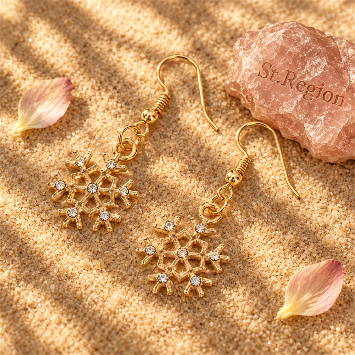 Cubic Zirconia and 18K Gold-Plated Snowflake Drop Earrings, gold drop earrings for women, botanical inspired, detail close-up