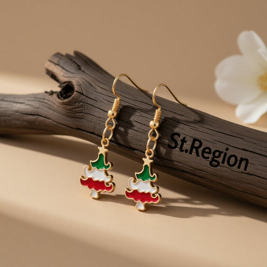 Red and 18K Gold-Plated Christmas Tree Drop Earrings, gold drop earrings for women, botanical inspired, front view
