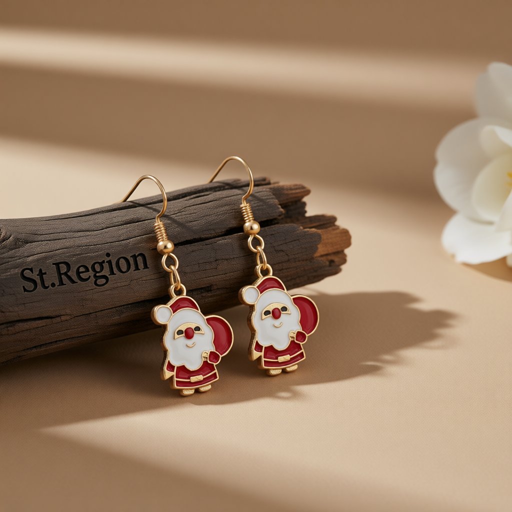Red and 18K Gold-Plated Santa Claus With Gifts Drop Earrings, gold drop earrings for women, everyday style, front view