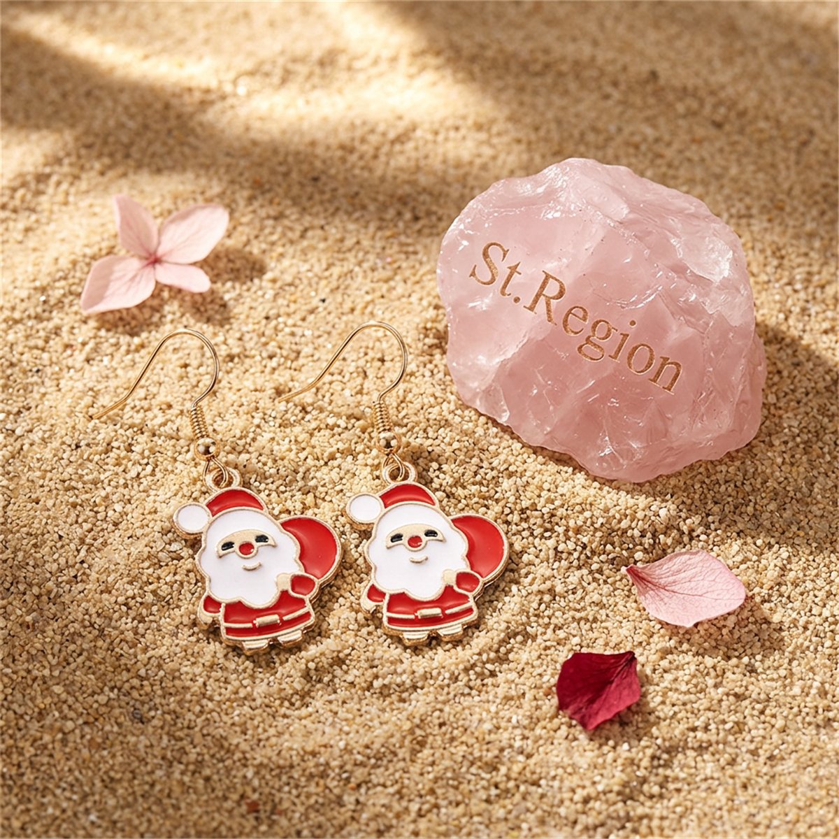 Red and 18K Gold-Plated Santa Claus With Gifts Drop Earrings, gold drop earrings for women, everyday style, detail close-up
