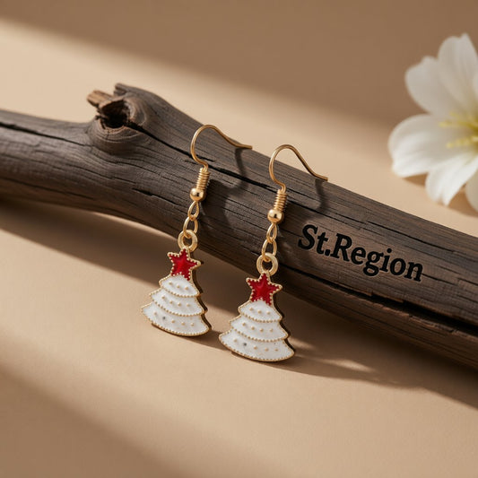 White and 18K Gold-Plated Christmas Tree and Star Drop Earrings, gold drop earrings for women, front view