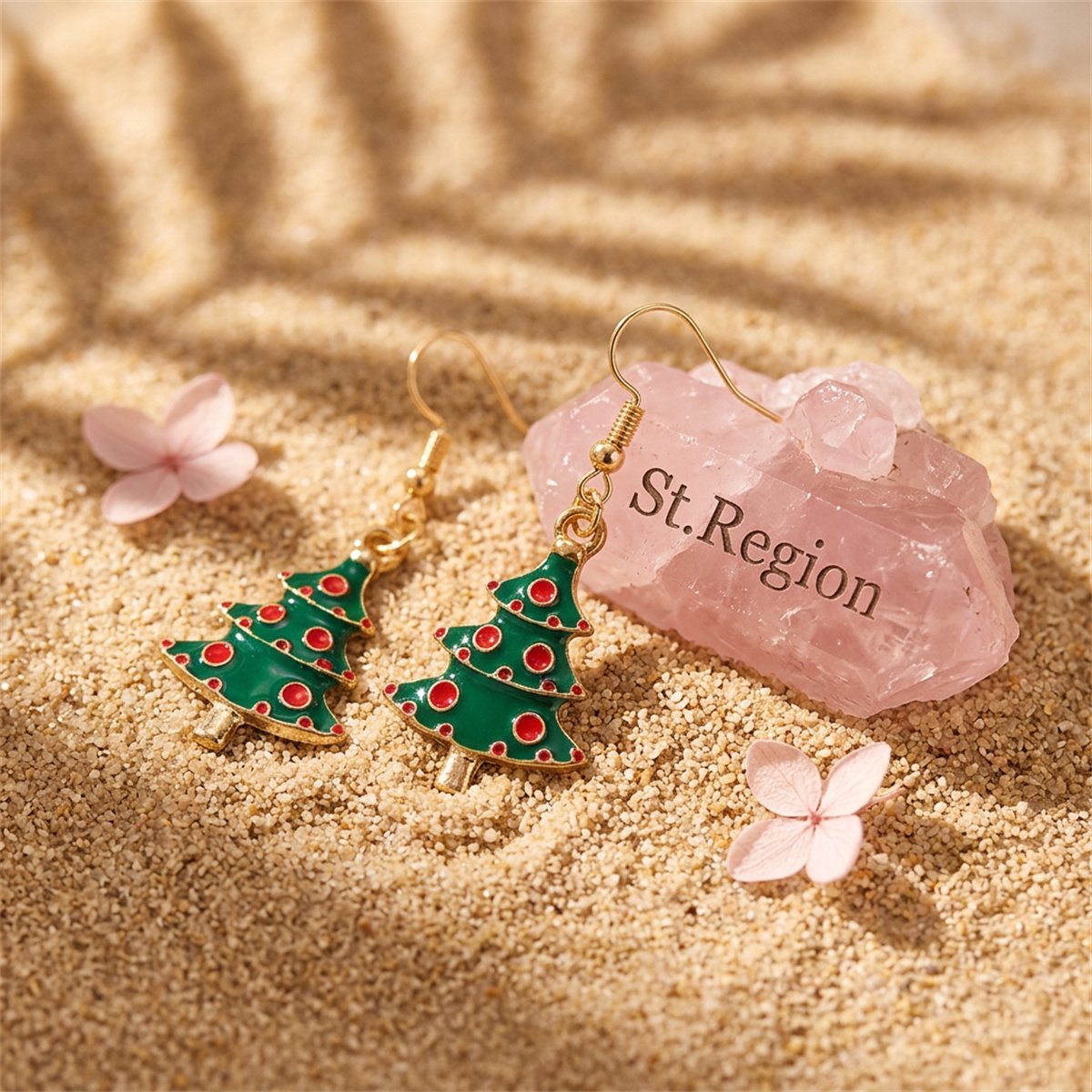 Green and 18K Gold-Plated Christmas Tree Drop Earrings, gold drop earrings for women, everyday style, detail close-up