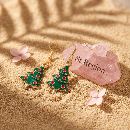 Green and 18K Gold-Plated Christmas Tree Drop Earrings, gold drop earrings for women, everyday style, detail close-up