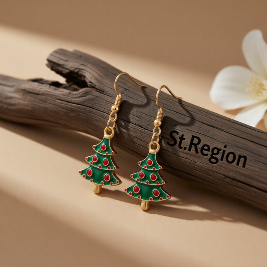 Green and 18K Gold-Plated Christmas Tree Drop Earrings, gold drop earrings for women, everyday style, front view