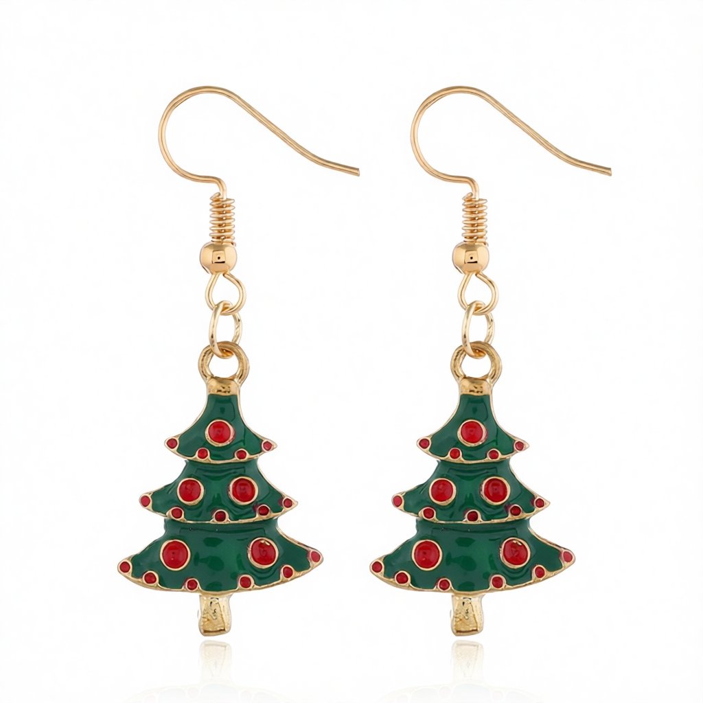 Green and 18K Gold-Plated Christmas Tree Drop Earrings, gold drop earrings for women, everyday style, side view