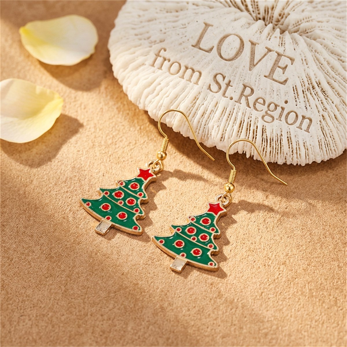 Green and 18K Gold-Plated Christmas Tree Drop Earrings, gold drop earrings for women, everyday style, lifestyle look