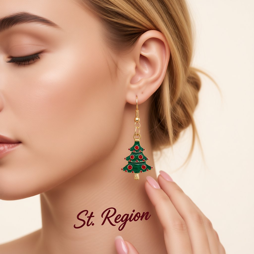 Green and 18K Gold-Plated Christmas Tree Drop Earrings, gold drop earrings for women, everyday style, styled look