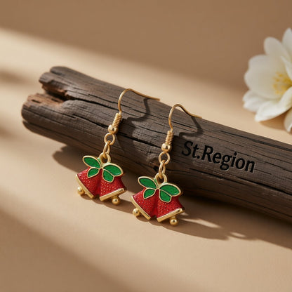 Red and 18K Gold-Plated Bell With Bow Drop Earrings, gold drop earrings for women, everyday style, front view