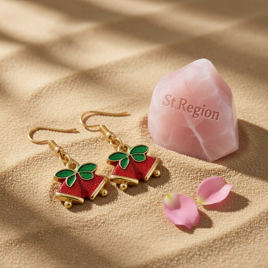 Red and 18K Gold-Plated Bell With Bow Drop Earrings, gold drop earrings for women, everyday style, detail close-up