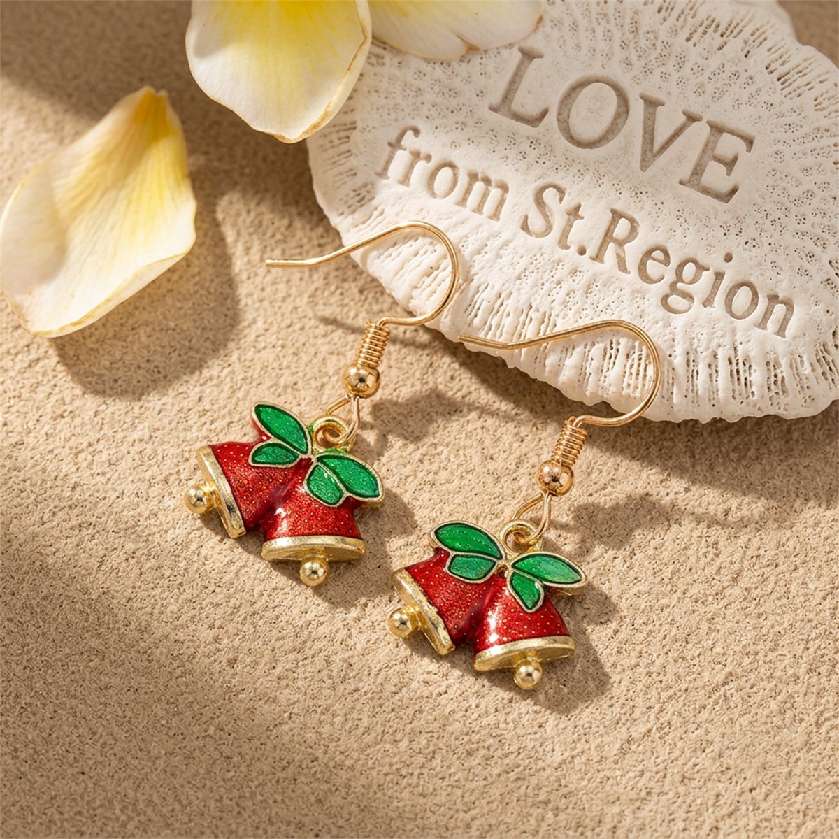 Red and 18K Gold-Plated Bell With Bow Drop Earrings, gold drop earrings for women, everyday style, lifestyle look