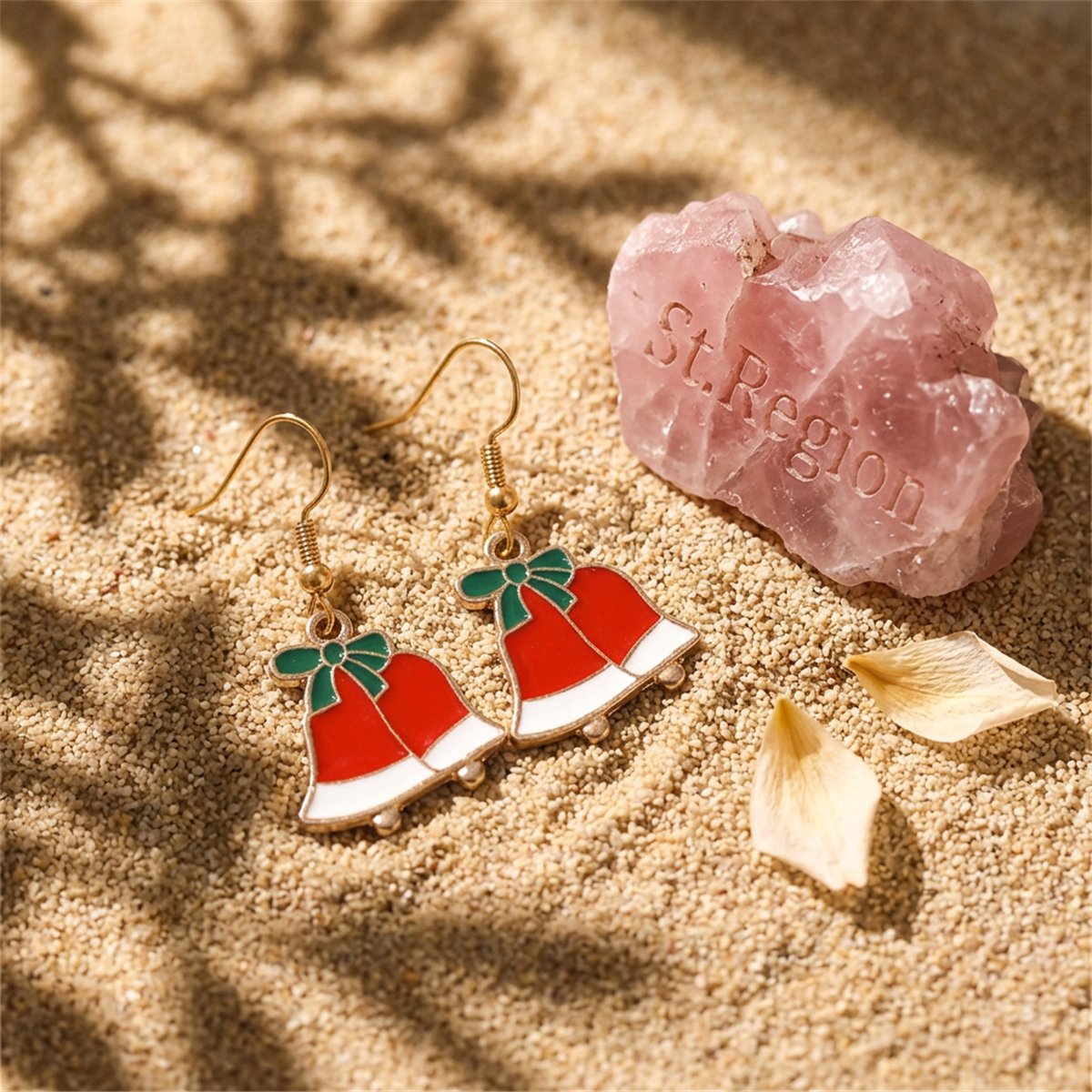 Red and 18K Gold-Plated Dual Bell Drop Earrings, gold drop earrings for women, everyday style, detail close-up