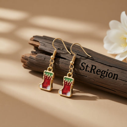 Red and 18K Gold-Plated Christmas Stocking Drop Earrings, gold drop earrings for women, elegant gift for her, front view