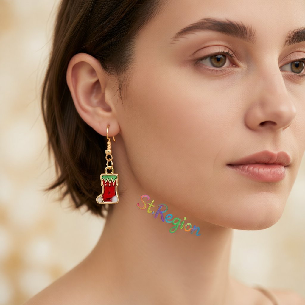 Red and 18K Gold-Plated Christmas Stocking Drop Earrings, gold drop earrings for women, elegant gift for her, styled look