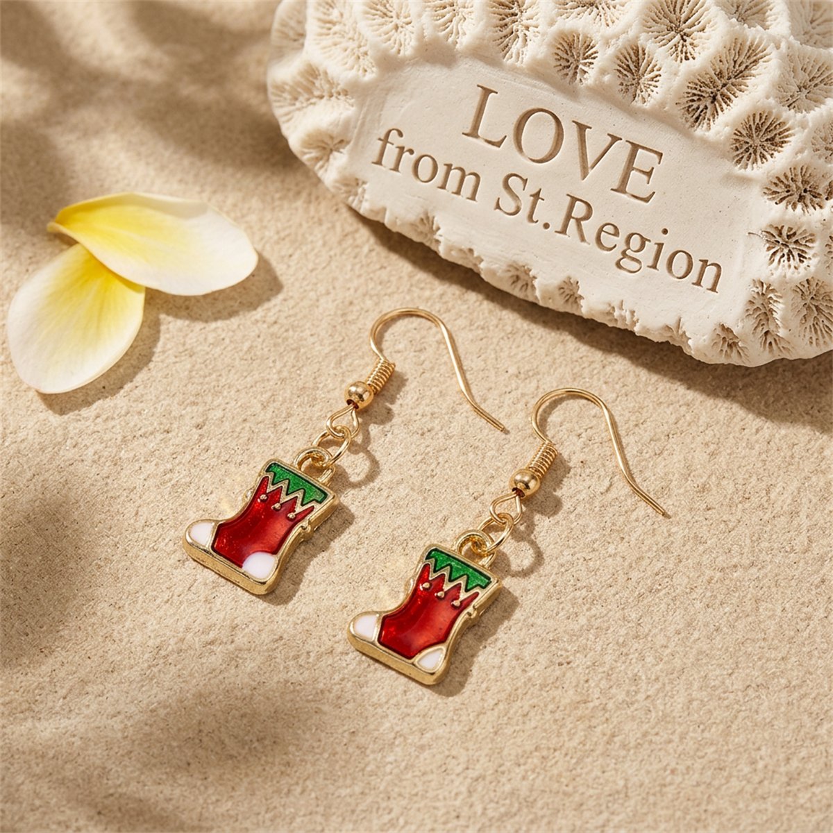 Red and 18K Gold-Plated Christmas Stocking Drop Earrings, gold drop earrings for women, elegant gift for her, lifestyle look