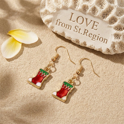 Red and 18K Gold-Plated Christmas Stocking Drop Earrings, gold drop earrings for women, elegant gift for her, lifestyle look