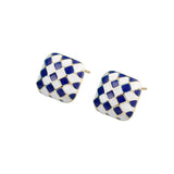 Blue & White Checkerboard Square Stud Earrings