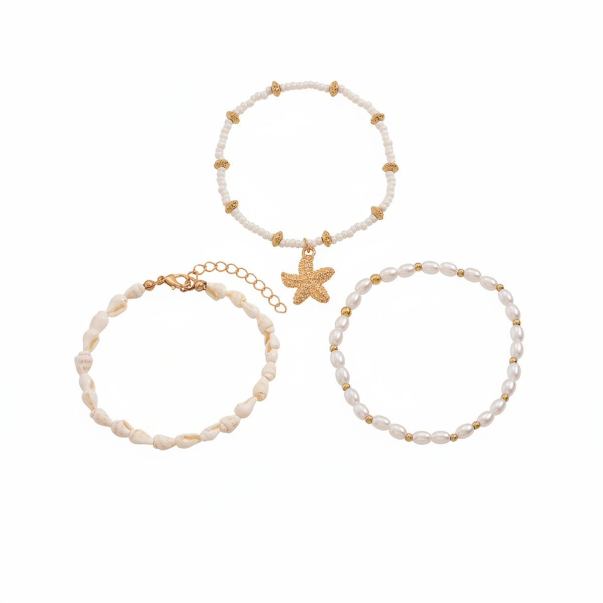 Shell & Pearl Howlite Goldtone Starfish Charm Stretch Anklet Set - Street Region