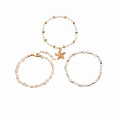 Shell & Pearl Howlite Goldtone Starfish Charm Stretch Anklet Set - Street Region