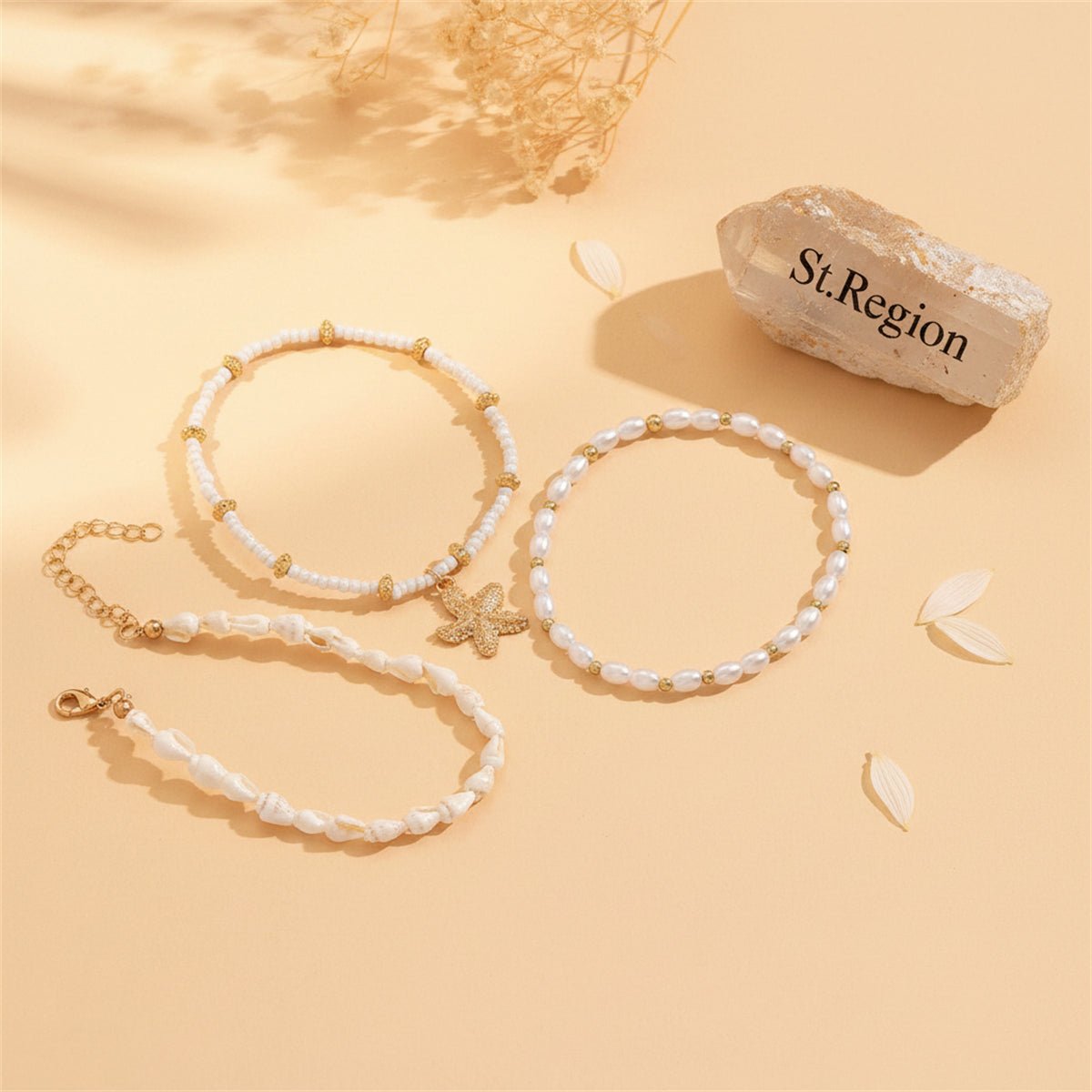 Shell & Pearl Howlite Goldtone Starfish Charm Stretch Anklet Set - Street Region