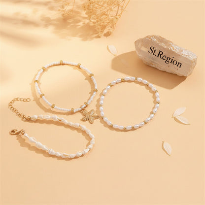 Shell & Pearl Howlite Goldtone Starfish Charm Stretch Anklet Set - Street Region