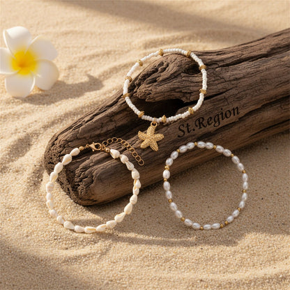 Shell & Pearl Howlite Goldtone Starfish Charm Stretch Anklet Set - Street Region