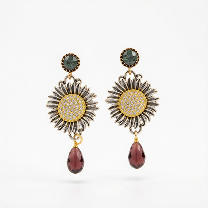 Crystal & Cubic Zirconia Two Tone Sunflower Drop Dangle Earrings