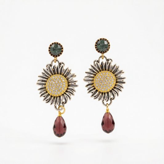 Crystal & Cubic Zirconia Two Tone Sunflower Drop Dangle Earrings