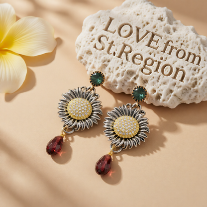 Crystal & Cubic Zirconia Two Tone Sunflower Drop Dangle Earrings
