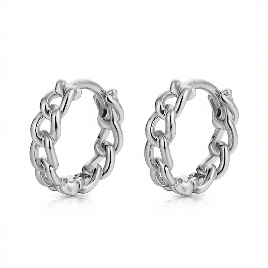 Silvertone Curb Chain Huggie Earrings, silver huggie earrings, vintage-inspired design, side view