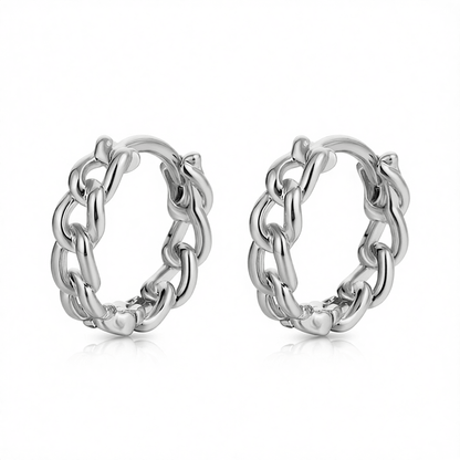 Silvertone Curb Chain Huggie Earrings, silver huggie earrings, vintage-inspired design, side view