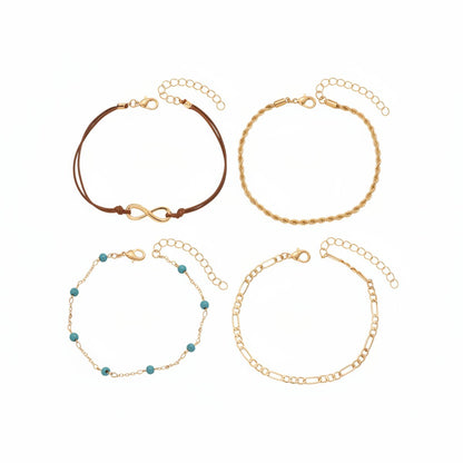 Turqouise & Polyster Goldtone Beads Chain Infinity Sign Charm Anklet Set - Street Region