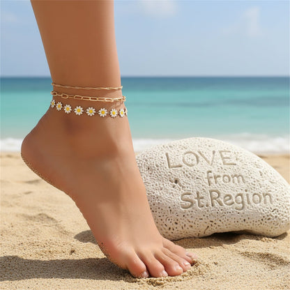 White Enamel & Goldtone Mum Stations Chain Anklet Set - Street Region