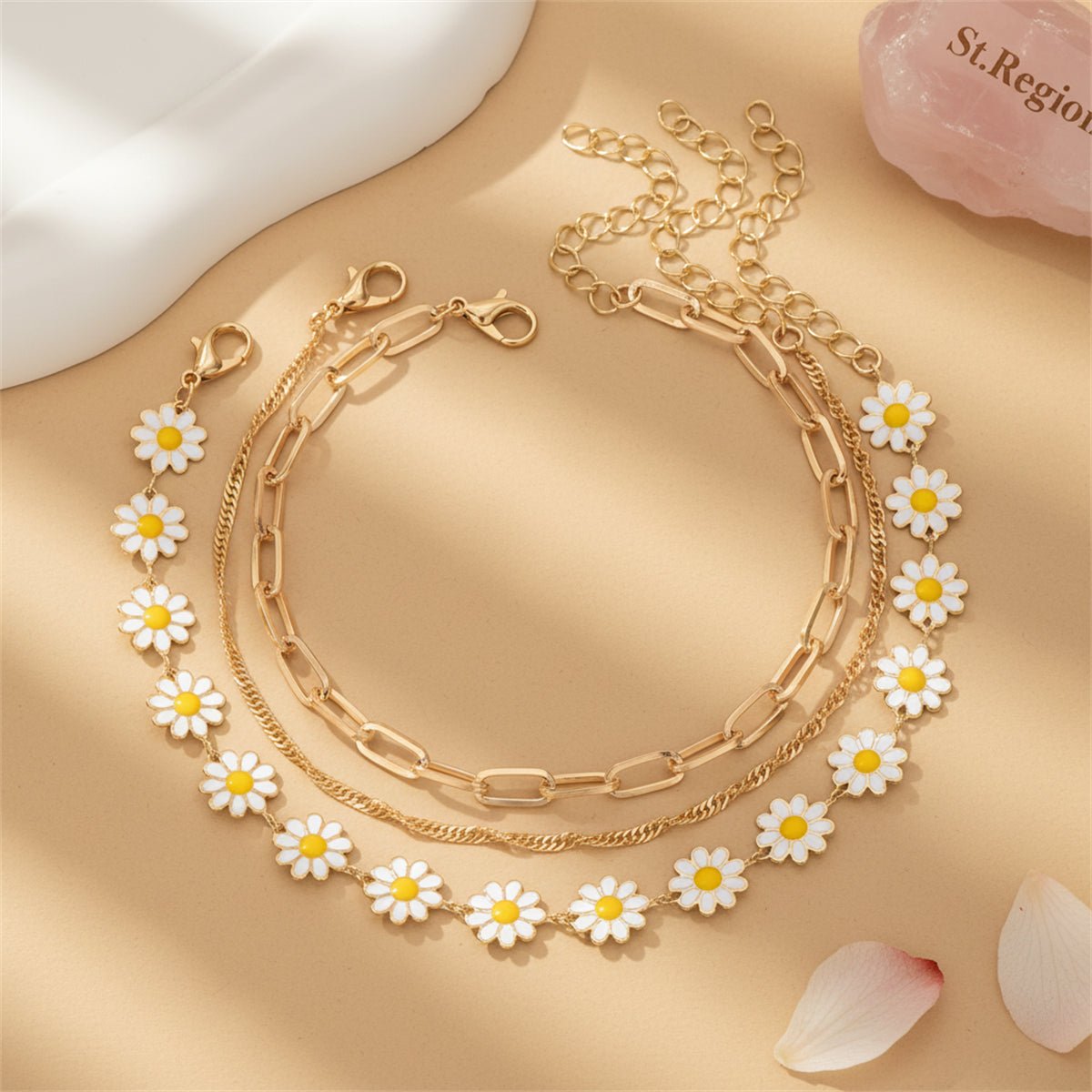 White Enamel & Goldtone Mum Stations Chain Anklet Set - Street Region