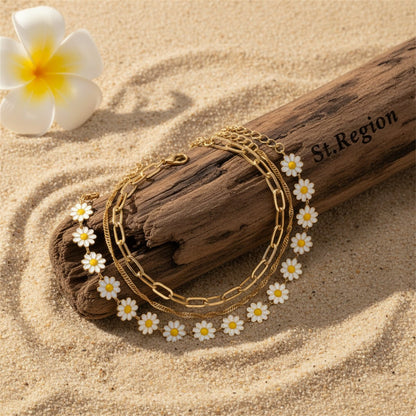 White Enamel & Goldtone Mum Stations Chain Anklet Set - Street Region
