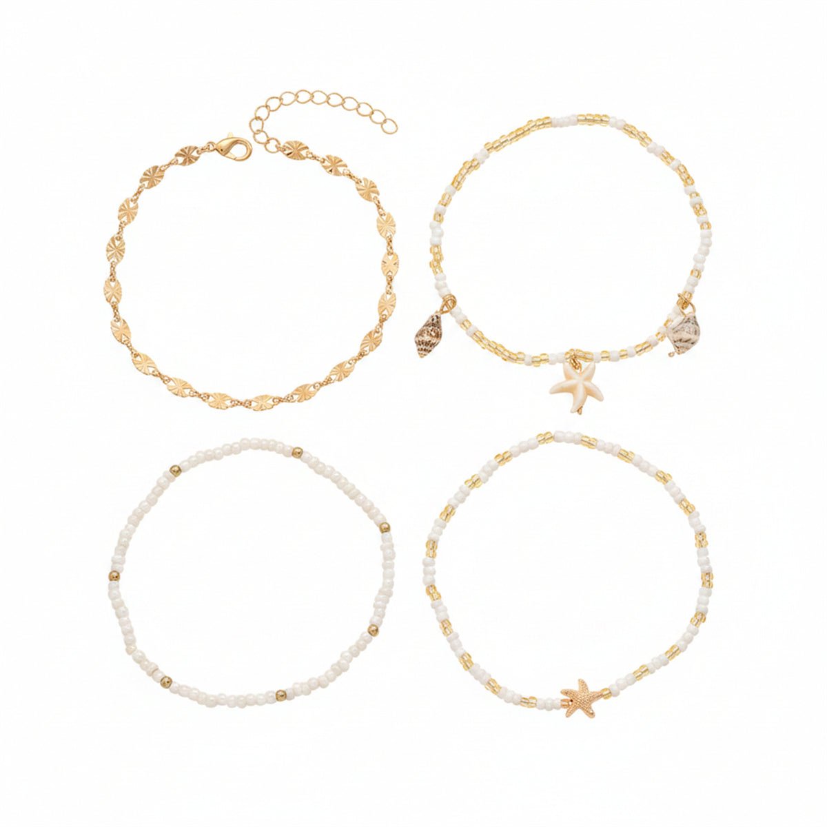 White Howlite & Acrylic Shell Goldtone Starfish Charm Stretch Anklet Set - Street Region